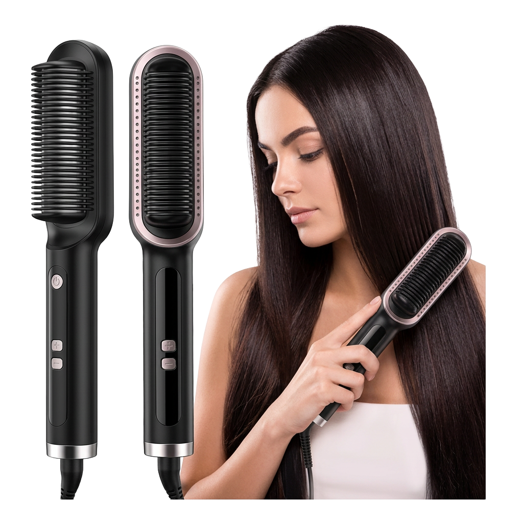 Escova Alisadora Hair 3 em 1 em duas vistas, ao lado de uma mulher usando a escova
